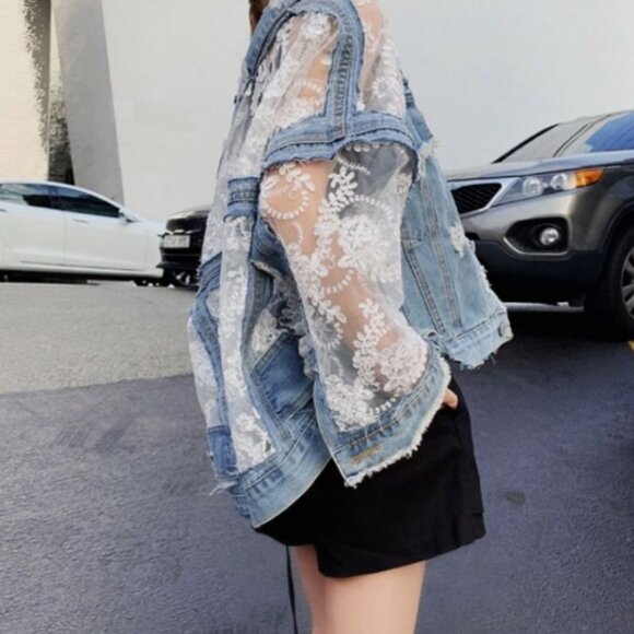 Floral Embroidered Lace Denim Jacket Distressed Light Wash Denim Jean Jacket - Picture 5 of 9